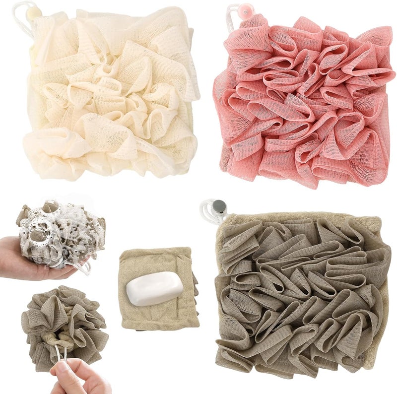 PKRFCJ 3 Pcs Soap Bar Loofah, 2 in 1 Bar Soap Loofah Pouch Can Hold Soap Effective Exfoliation for Bathing (Khaki+ Beige + Pink) - Image 1